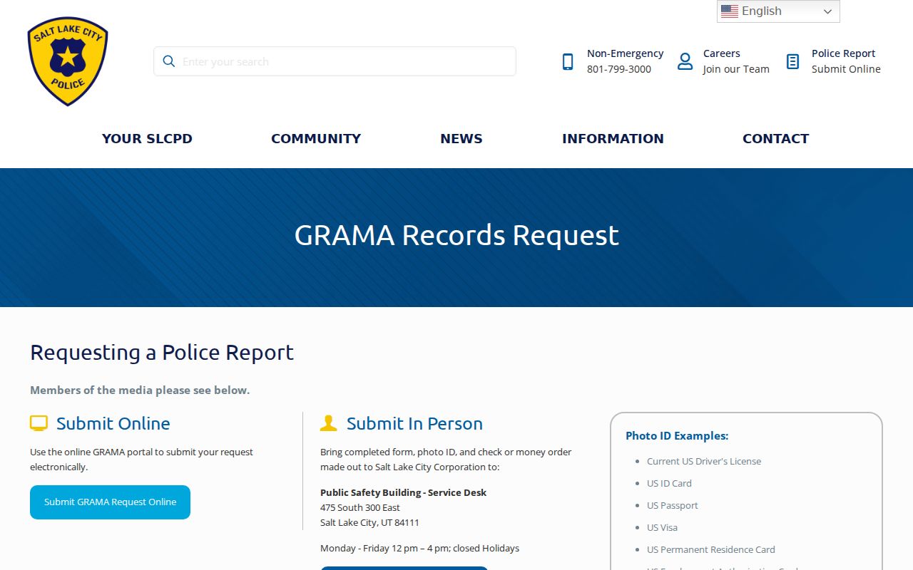Salt Lake City police record check through the SLCPD GRAMA request page