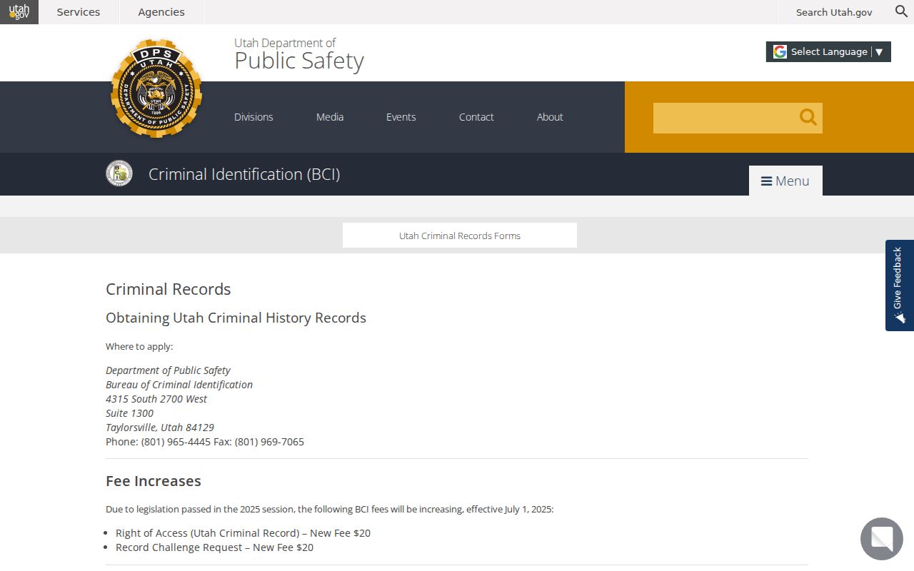Salt Lake County criminal history Right of Access through Utah BCI