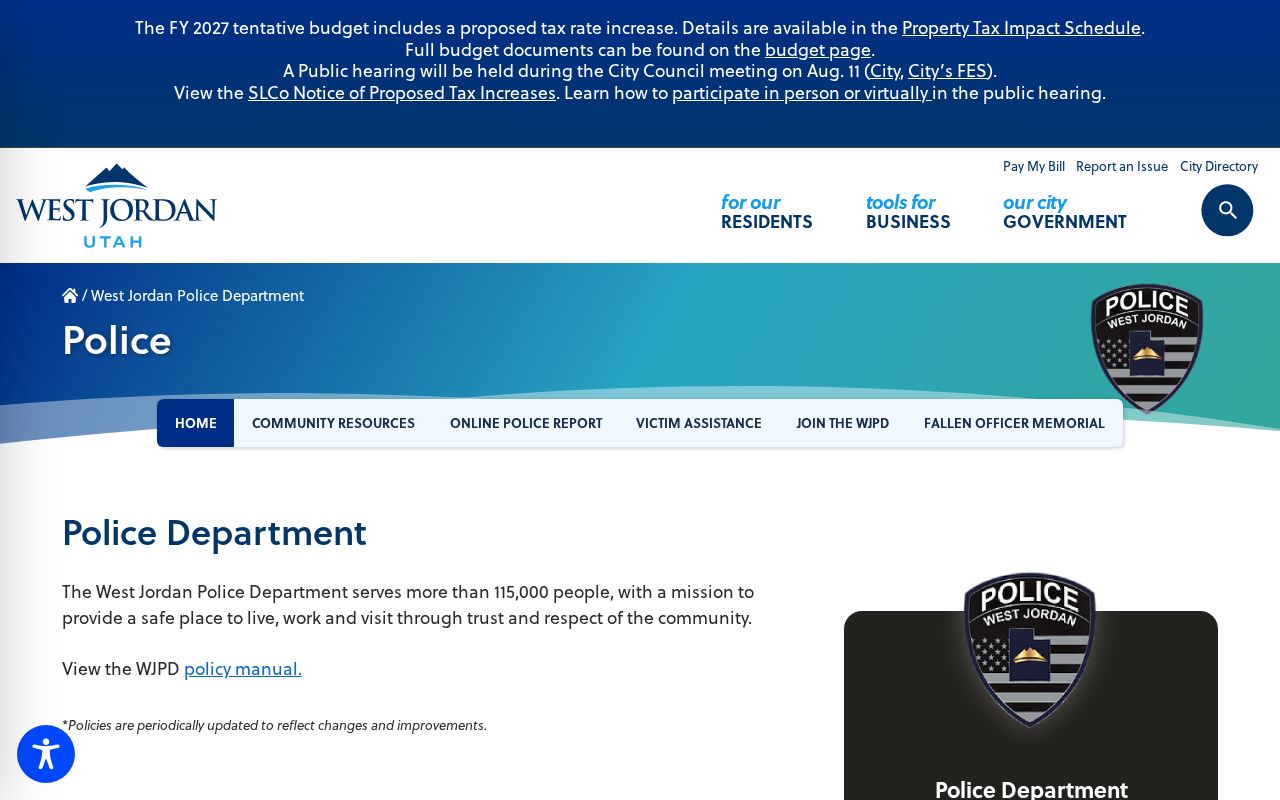 West Jordan police department source for city criminal records